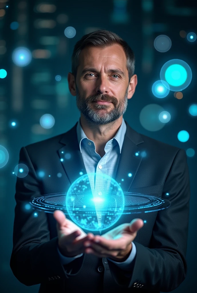 photo of a human male dressed, of confident expression, kind and wise, is between digital symbols, It appears from the front and only from the torso to the head while offering me a futuristic digital interface that is like a luminous globe that emanates digital symbols..
