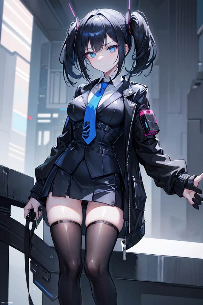 Face_through_torso, 1girl, short_twintails(black_hair,Cyberpunk design hair tie), blue eyes(half closed_eyes), expression_face, A young noble, exuding elegance and authority, dressed in a black jacket over a crisp white shirt, paired with a short blue tie that reflects a subtle cyberpunk influence. She wears a dark blue skirt that reaches above her knees, complemented by black thigh-high stockings. Hovering beside her is a high-tech combat drone, emphasizing her connection to advanced technology and adding a layer of protection to her refined presence.