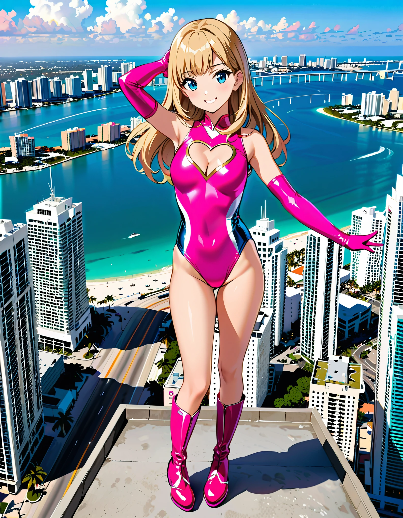 (masterpiece), (best quality), (high res), 1girl, solo, solo focus, (leotard, gymnast outfit leotard, pink leotard, sleeveless, bare legs), matching boots, looking at the viewer, miami city backdrop, perfect hands, complete fingers, perfect anatomy, perfect proportions, medium breasts, (blonde hair, long hair, mid-length hair, hair down, bangs), knee boots, blue eyes, beautiful detailed eyes, beautiful detailed face, cute face, (cleavage heart cutout), pink gloves, pink footwear, superhero, casual, smile, single, standing, standing straight, full body with costume, :d, perspective.