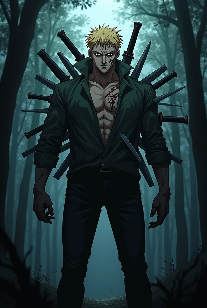 The image is anime style cowboy bebop and Darker than black with shadows and dim lights, anime style although somewhat adult and dark, It shows a 20-year-old man with many scars on his face.. Blonde Black Eyes. He is standing in the middle of a dark forest. From his body come out, swords emerge, knives and pocket knives. He shows himself to be aggressive.