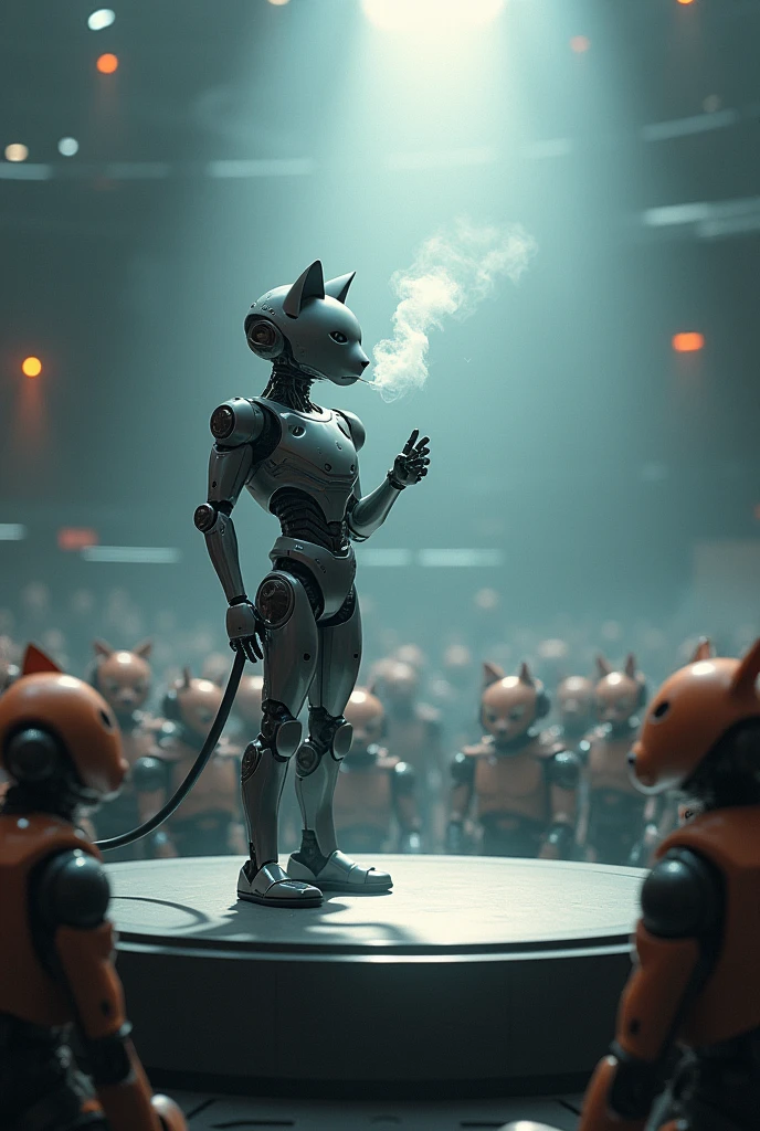 A sci-fi illustration featuring a robotic figure with a cat-shaped mechanical head sitting on a circular stage under a spotlight, taking a break from its speech. The robot is smoking, with smoke rising above its head. The audience, composed of robots with random animal-shaped mechanical heads, waits eagerly. The entire scene is set in a futuristic, high-tech environment, with metallic tones and advanced technology elements enhancing the sci-fi atmosphere.