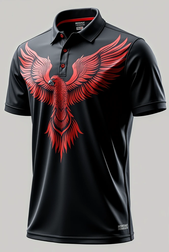 Create a sporty polo shirt with a regular or Chinese collar featuring a Falcon logo. It should be black and white as well as combined with colors that provide a spectacular contrast.. 