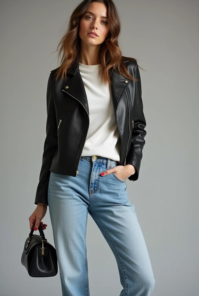 Create a semi-formal outfit for women with a black leather jacket and light blue jeans
