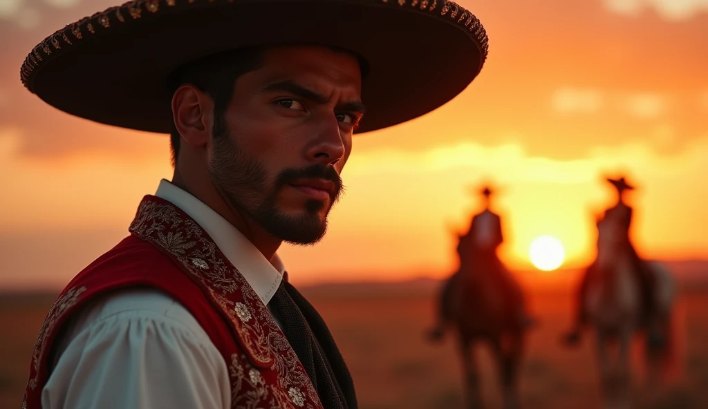 handsome young mexican charro, beautiful detailed eyes, beautiful detailed lips, extremely detailed eyes and face, long eyelashes, beautiful woman, beautiful girlfriend, riding horse, outdoor, sunset, cinematic lighting, dramatic color palette, vibrant colors, stunning landscape, intricate details, realistic, photorealistic, (best quality,4k,8k,highres,masterpiece:1.2),ultra-detailed,(realistic,photorealistic,photo-realistic:1.37)