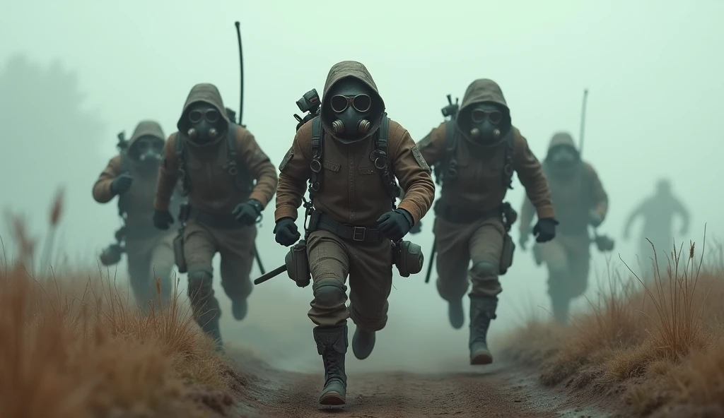 a group of looters in steampunk clothing and gas masks, are in a field with fog running towards us 