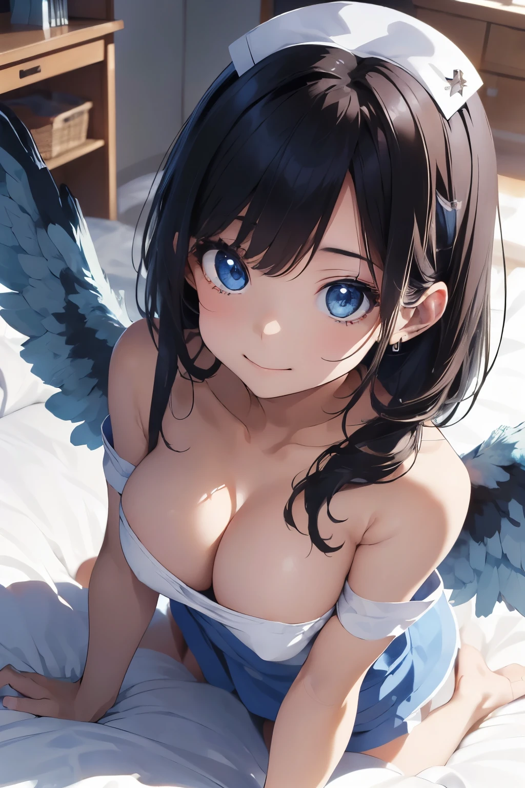 ((Top Quality)), ((Excellent)), (Detailed), ((Angel)), Ultra-Realistic, Stunning Environment, Vivid Colors, , Black Hair, (Young Face), ((Straight Hair)),Big Wings,((topless)), ((White Wings)), (A pair of wings) ,  Shiny Hair, Medium Breasts, ((White nurse uniform)), (Nurse), ((From Above)), ((Blue Eyes)), Half-Smiling, Upper Body, Shiny Hair, Blunt Bangs, ((Medium Breasts)), ((Crawling Position)), ((Blue Eyes)), Masterpiece, Ultra-Realistic, ((Emphasized Cleavage)), ((Close-Up)), ((topless)), On Bed, Natural Light, Vivid Colors, , Hospital,