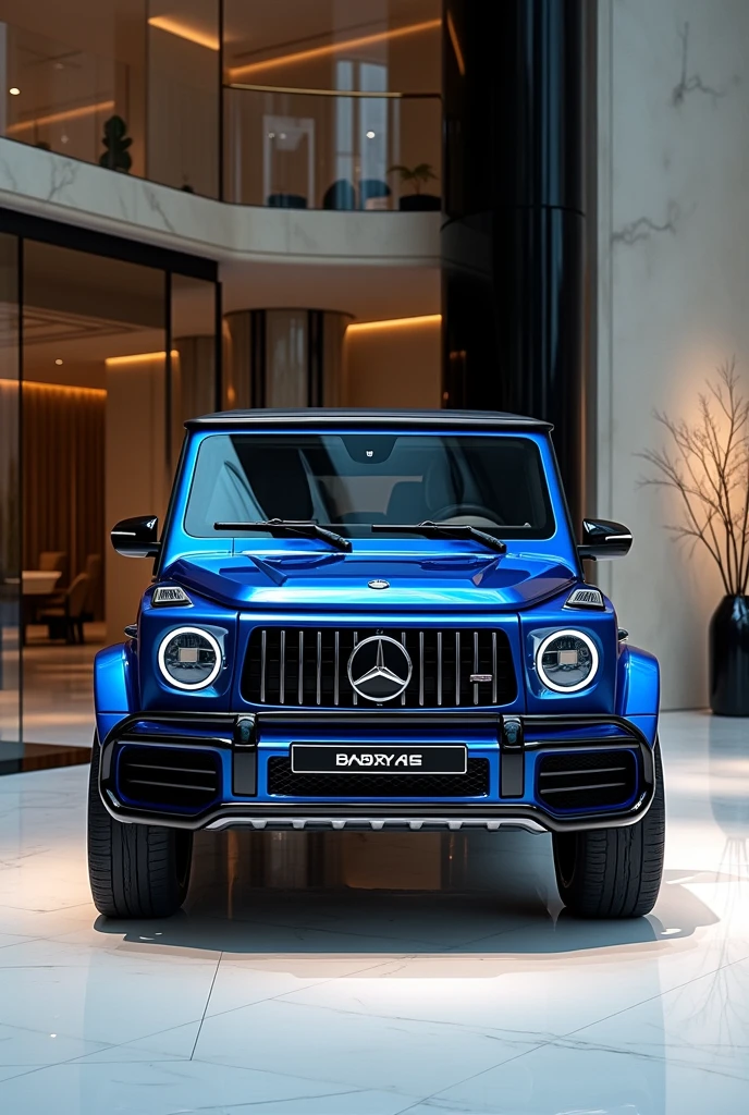 Showcase the latest and most advanced 2025 Mercedes-Benz Baby G-Class in a deep blue color with a glossy finish. The vehicle should be presented in high-definition to highlight its modern, sleek design and the intricate details of the glossy blue body. The Baby G-Class is displayed in a luxury showroom, featuring polished marble floors, expansive glass walls, and sophisticated decor. Ensure the image captures the elegance of the deep blue glossy paint and the luxurious ambiance of the showroom environment.