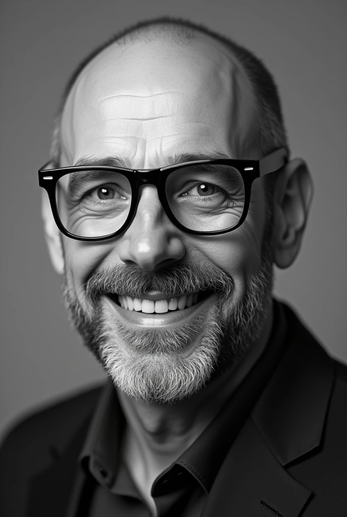 photo realistic:
Create a detailed black and white portrait of a man with a confident and warm smile. The man has a neatly trimmed beard and wears large, square-shaped glasses that frame his face. His bald head adds to the distinctive look, highlighting his facial features. The expression on his face is calm and relaxed, conveying a sense of ease. The black and white style should emphasize the contrast between the different tones, bringing out the texture of the skin and the shine on the glasses, while also capturing the softness of his beard. The background should be plain, allowing the focus to remain on the subject's face and expression.