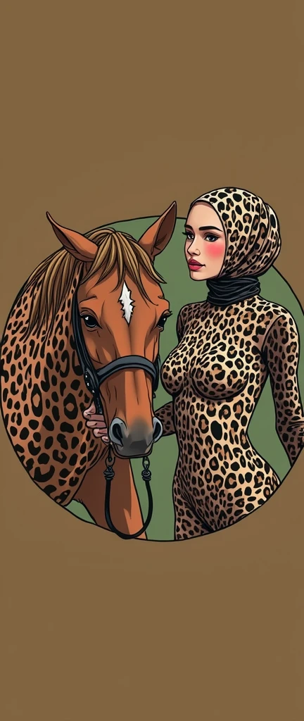the beautiful,slender thin and prettiest Malaysian muslimah adult girl with beautiful cheeks wears leopard print lycra turtleneck unitard catsuit covered with black seamless spots and always wear leopard colour print lycra elastane stretchy dance wear hijab covered with leopard seamless spots.She is touching a horse.