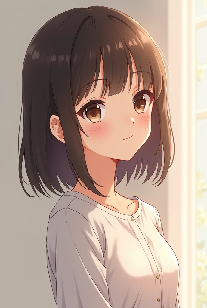 A pretty girl with bright brown eyes, with her channel cut hair and dark brown hair color, with a height of 1&#39;60, looking at a boy from afar, while thinking with a shy smile anime drawing 