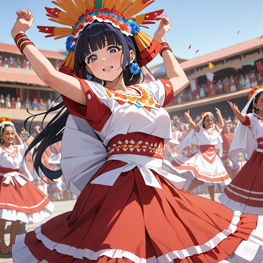 ((Highest quality)), ((masterpiece)), (detailed), （Perfect Face）、The woman is Reika Aoki with semi-long hair、A woman is dancing in a Guelaguetza costume in Guelaguetza, Mexico