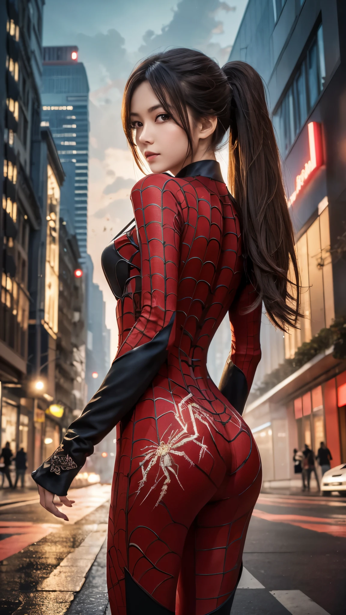 (masterpiece, Highest quality), Intricate details, 8k, Art Station, wallpaper, Official Art, Splash Art, Sharp focus,, One person, Long Hair, Twin tails, Red eyes, Brown Hair, ,  Spider Suit, spiderweb printing, spiderweb,  , skyscraper, city, building, car, street,