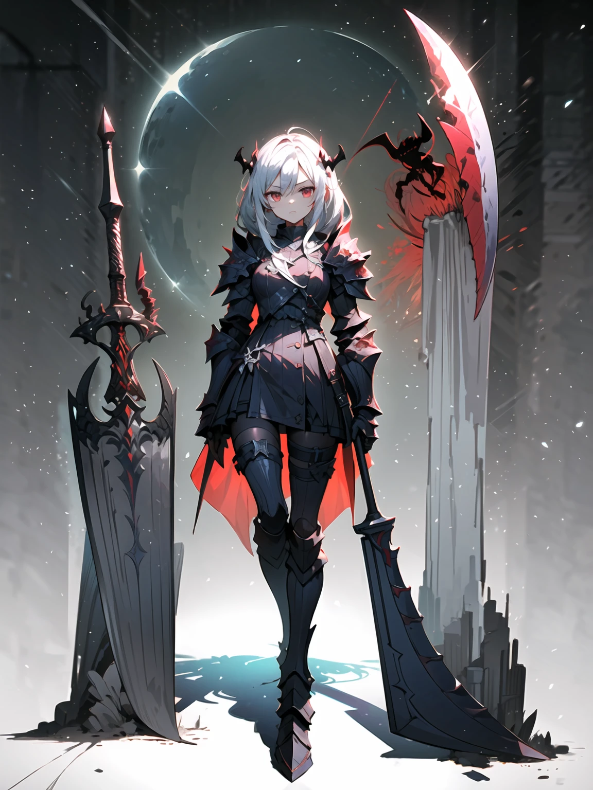  (((Masterpiece, best quality, 16k))) female character with long white hair and piercing red eyes. She wears a demonic armor in purple, black, and white.  wields a large, stylized scythe. The character has a menacing expression, with a chaotic environment as the background. ((full body front view)). ((slender)), (extremely detailed:1.5), (long white hair:1.2), (piercing red eyes:1.2), (chaotic environment:1.1), (demonic armor:1.3), (stylized scythe:1.3).