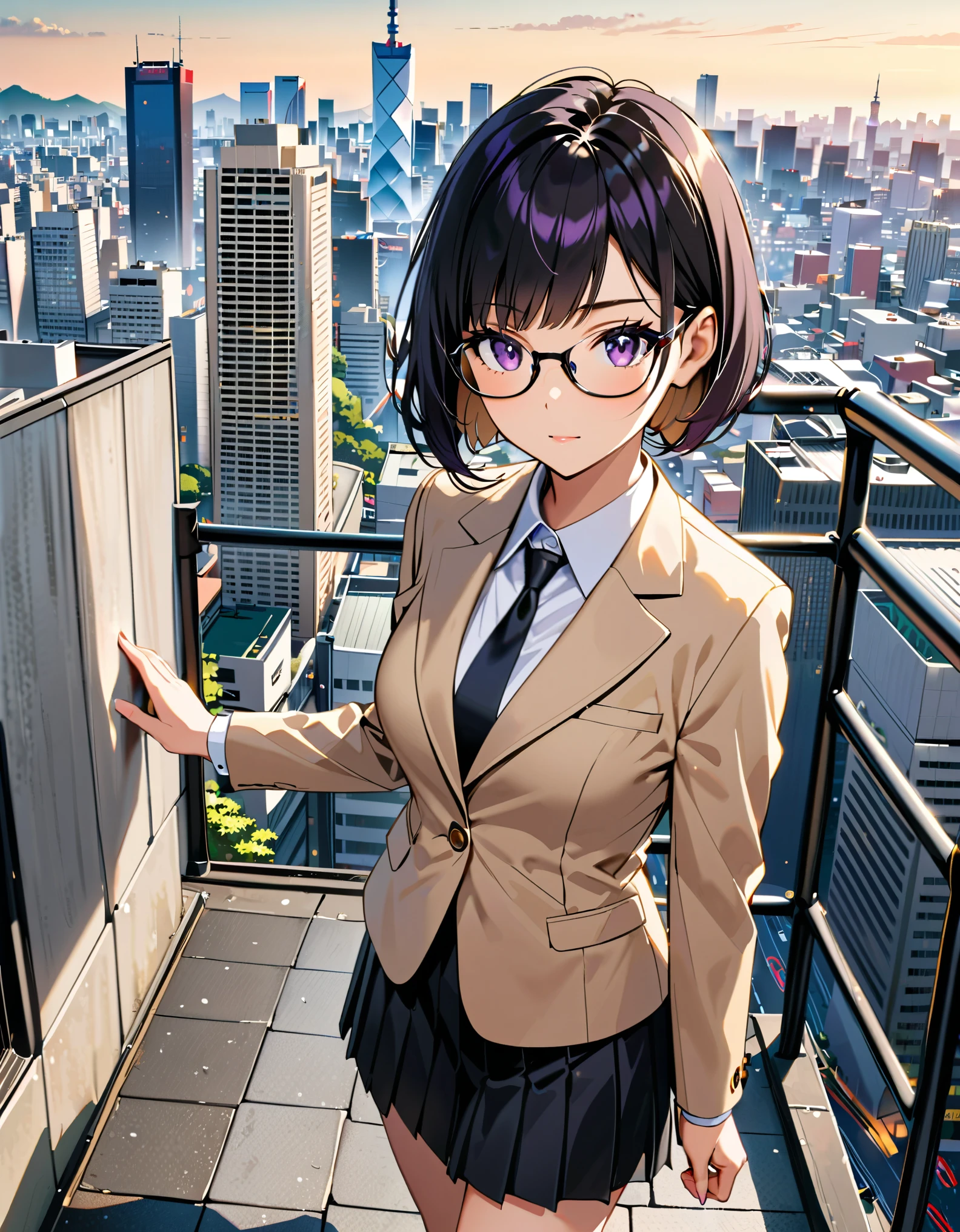 (masterpiece), (best quality), (medium breasts), solo, (jet black hair, short hair, bob hair, purple eyes, bangs), (full body), city backdrop, tokyo city backdrop, perspective, solo, solo focus, walking, beige suit jacket, glasses, white shirt, collared shirt, black pleated skirt, matching black shoes, (perfect hands, perfect anatomy), cowboy shot, superhero, ((beautiful detailed eyes)).