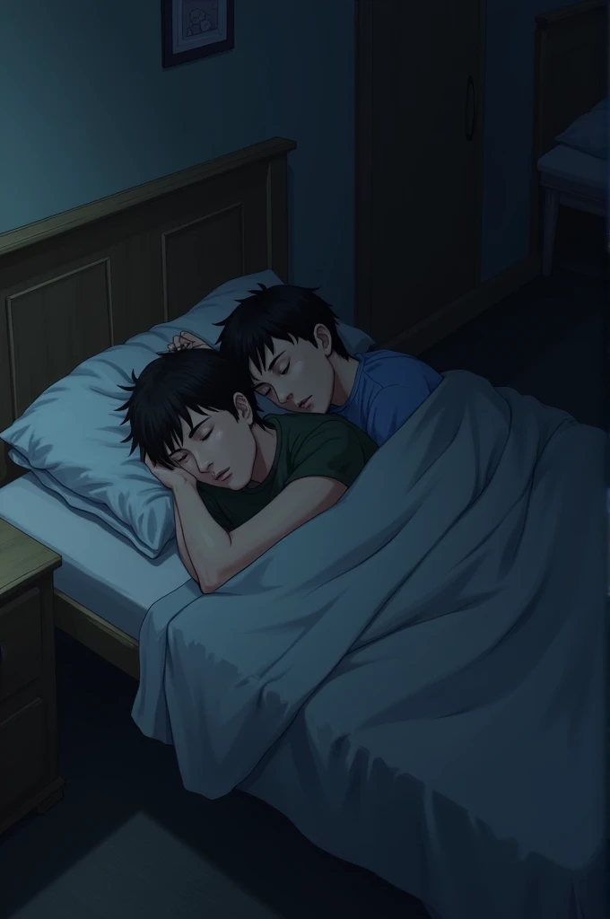 One night two brothers were sleeping in the same bed when suddenly one brother woke up and got out of bed