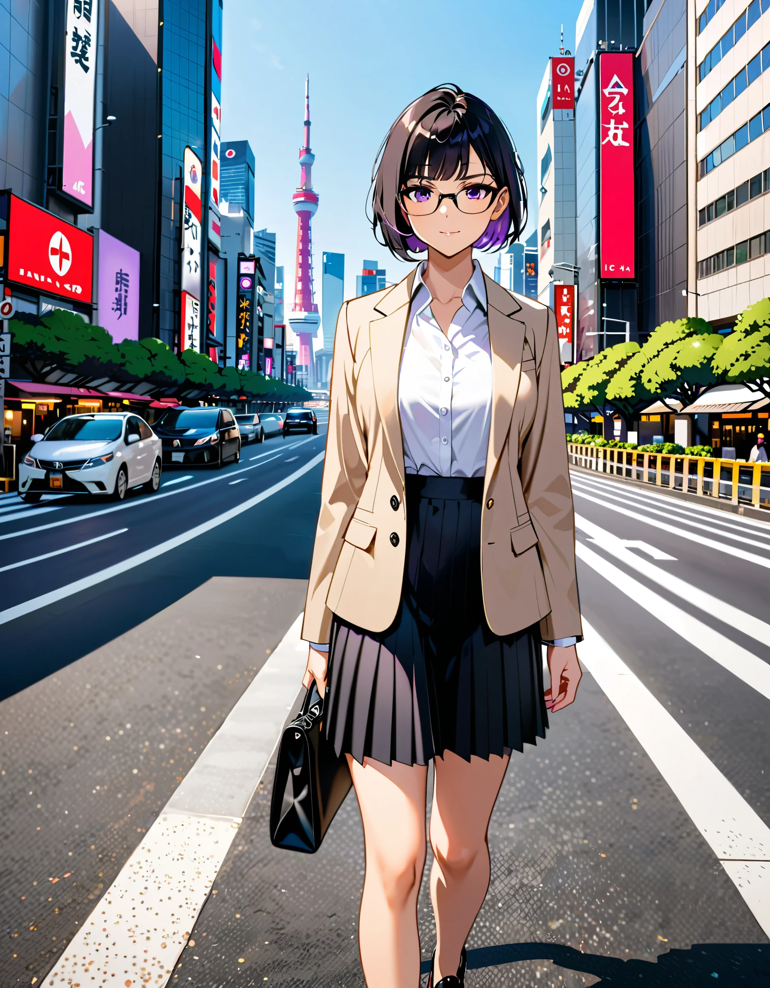 (masterpiece), (best quality), (medium breasts), solo, (jet black hair, short hair, bob hair, purple eyes, bangs), (full body), city backdrop, tokyo city backdrop, perspective, solo, solo focus, walking, beige suit jacket, glasses, white shirt, collared shirt, black pleated skirt, matching black shoes, (perfect hands, perfect anatomy), cowboy shot, superhero, ((beautiful detailed eyes)).