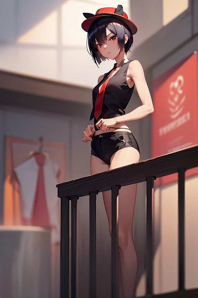 masterpiece, best quality,anime style, 1 girl,(((slender body))), (((small eyes))),(((tank top,hot pants,red tie,red bowler hat))), (beautiful face), (((short hair))), (((straight hair))), ((((black hair)))),detailed beautiful skin, (perfect hands, perfect anatomy),scream