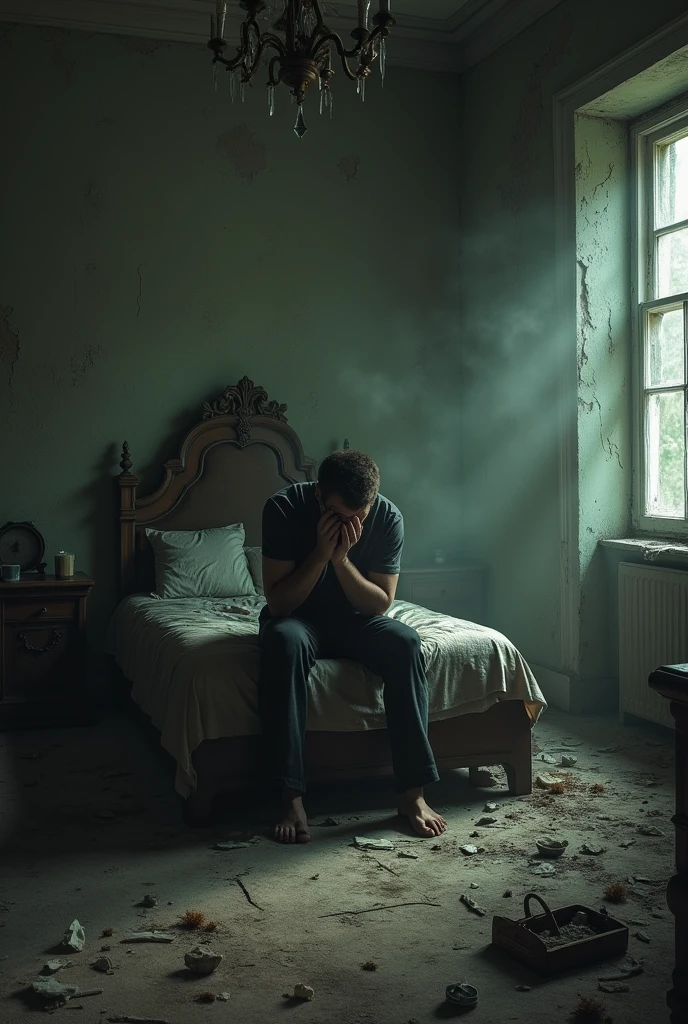 abandoned mansion, crying man sitting on a bed