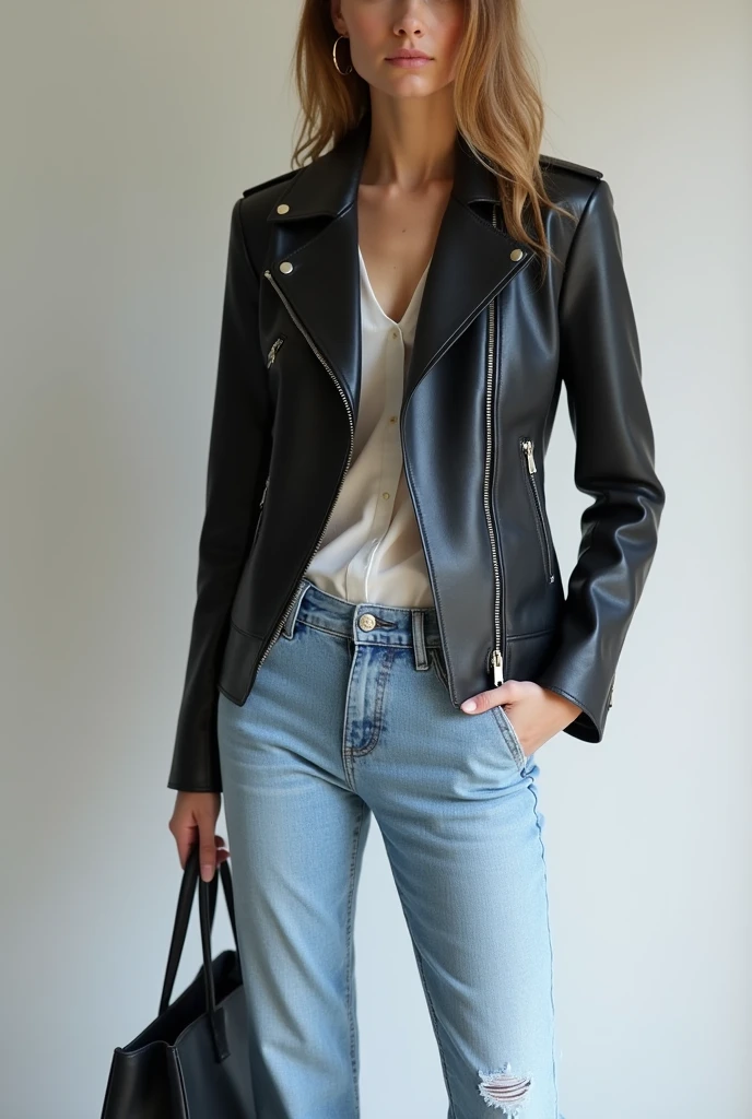 Create a semi-formal outfit for women with a black leather jacket and light blue jeans