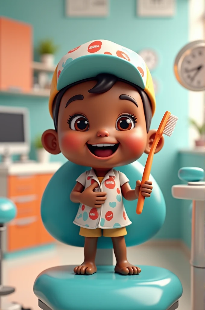 Create a 3D image of a smiling chocolate doll , holding a toothbrush and being in a dental office, look youthful , wear a cap