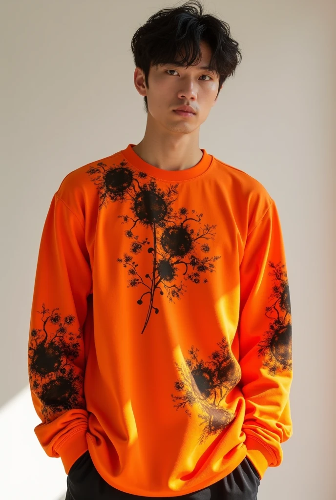 Orange long sleeve t-shirt with black ink