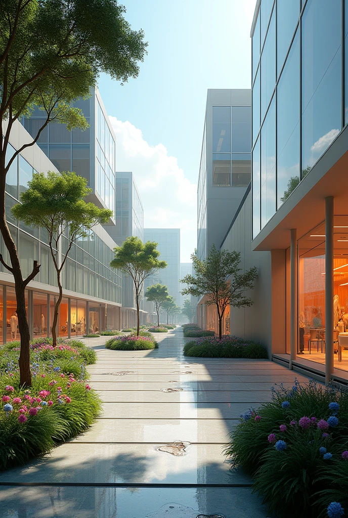 Space with concept store buildings with glass facades, Lighting, benches to sit on, piso de pet pave, tall trees providing shade and gardens of colorful flowers