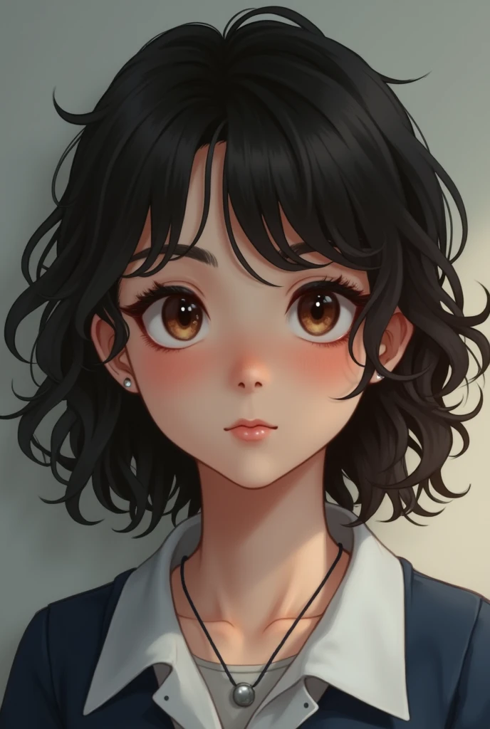 Teenager with medium black curly hair, dark eyes and brown, with school clothes