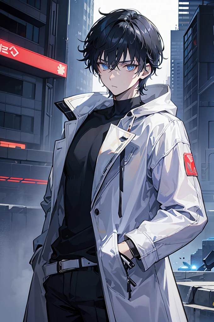Face_through_torso, ((1man)), short_hair(Black_Hair, Dirty Hair), Blue_Eyes, hair_between_eyes, White_Trench Coat (Cyberpunk), hand_in_pocket, Light_face