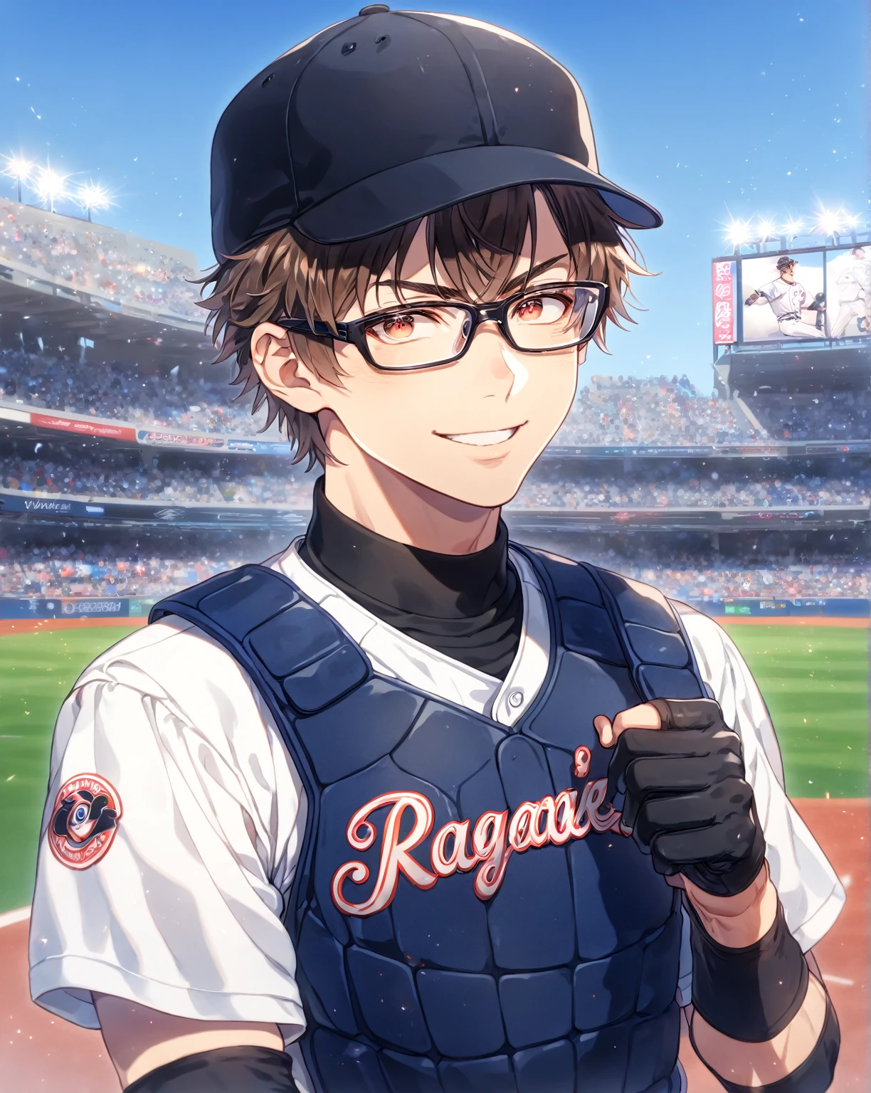 absurdres, highres, ultra detailed, HDR, master piece, Miyuki Kazuya, brown hair, expressive amber eyes, black glasses, white baseball uniform, Diamond No Ace, sexy man, handsome, best quality, fantasy, magical, solo, sensual, stadium, blue sky, handsome smile, manly man, black gloves, white pants