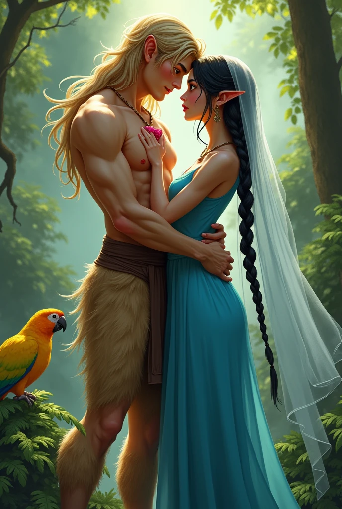 A handsome, thin young man with long beige hair down to his knees. He is bare-chested and tanned.. Legs are fluffy, covered with brown fur, all fur, he is still a faun or a satyr. He is very young.. Looks only . Facial features are masculine, Asian. He is thin built.. He has a red heart pendant on his chest. He is being embraced by a woman in a bright blue floor-length tunic.. The woman has black braids down to the ground. On the head is a translucent veil reaching to the floor. The woman&#39;s eyes are green. There is a brown belt on the tunic. Shoes women brown greek sandals. Woman smiling. She has tanned skin and a pink blush on her face.. Forest background with ferns. A woman must have her hair pulled back into a two-braid hairstyle., that reach the ground. In the background is a yellow and pink parrot.