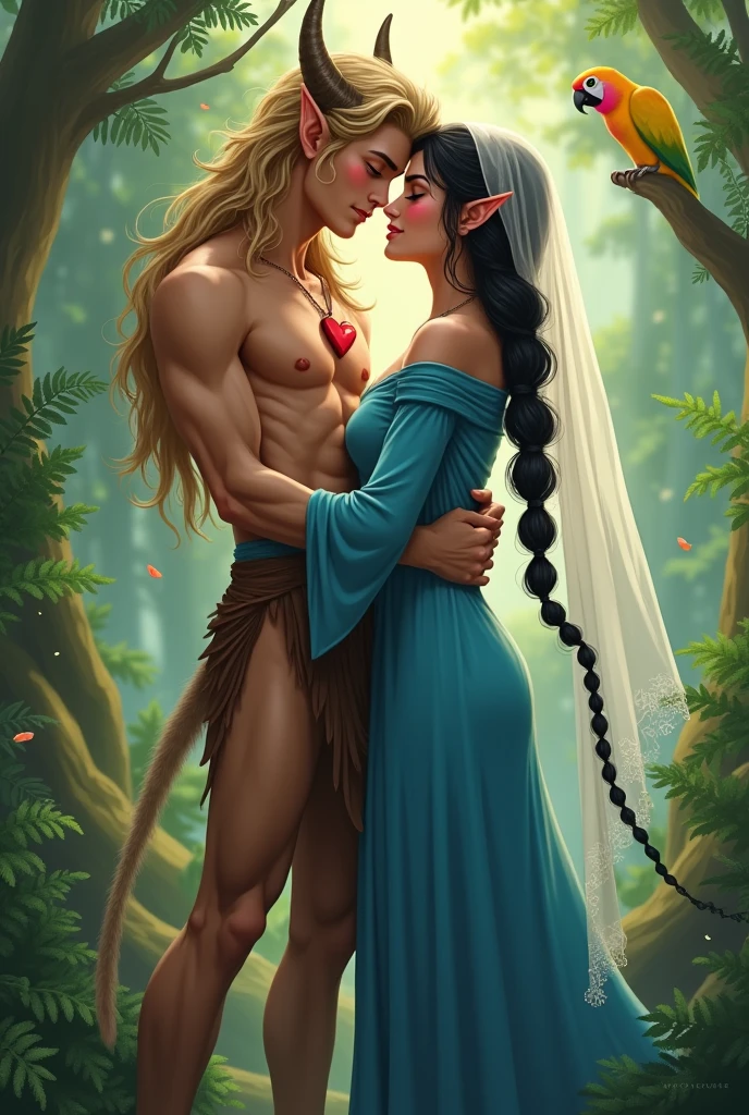 A handsome, thin young man with long beige hair down to his knees. He is bare-chested and tanned.. Legs are fluffy, covered with brown fur, all fur, he is still a faun or a satyr. He is very young.. Looks only . Facial features are masculine, Asian. He is thin built.. He has a red heart pendant on his chest. He is being embraced by a woman in a bright blue floor-length tunic.. The woman has black braids down to the ground. On the head is a translucent veil reaching to the floor. The woman&#39;s eyes are green. There is a brown belt on the tunic. Shoes women brown greek sandals. Woman smiling. She has tanned skin and a pink blush on her face.. Forest background with ferns. A woman must have her hair pulled back into a two-braid hairstyle., that reach the ground. In the background is a yellow and pink parrot.