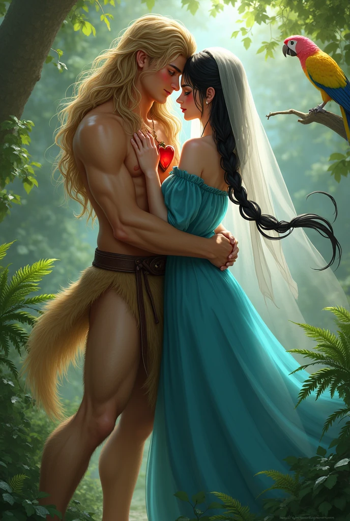 A handsome, thin young man with long beige hair down to his knees. He is bare-chested and tanned.. Legs are fluffy, covered with brown fur, all fur, he is still a faun or a satyr. He is very young.. Looks only . Facial features are masculine, Asian. He is thin built.. He has a red heart pendant on his chest. He is being embraced by a woman in a bright blue floor-length tunic.. The woman has black braids down to the ground. On the head is a translucent veil reaching to the floor. The woman's eyes are green. There is a brown belt on the tunic. Shoes women brown greek sandals. Woman smiling. She has tanned skin and a pink blush on her face.. Forest background with ferns. A woman must have her hair pulled back into a two-braid hairstyle., that reach the ground. In the background is a yellow and pink parrot.