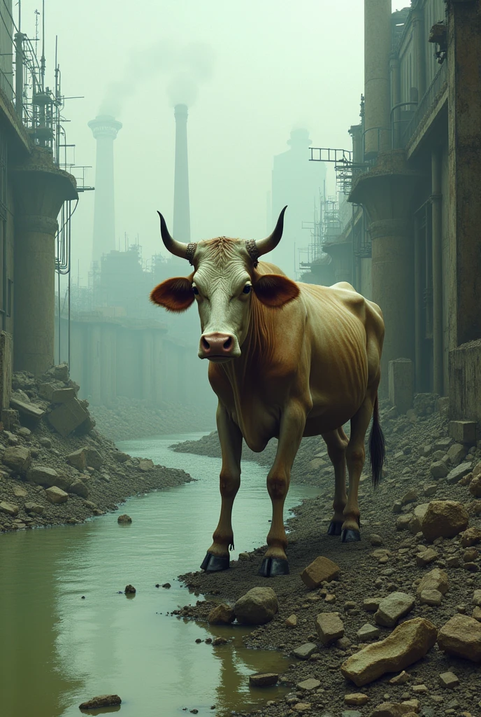 A cow looking sick next to a dirty river