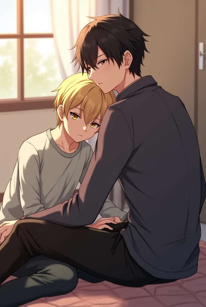 A 170cm tall man with short, center-parted black hair is sitting on the floor with his back against the bed.、In between is a 163cm tall man with blonde, mesh-like medium-length hair parted in the middle, sitting sideways and resting his head on the other person, with his whole body visible.