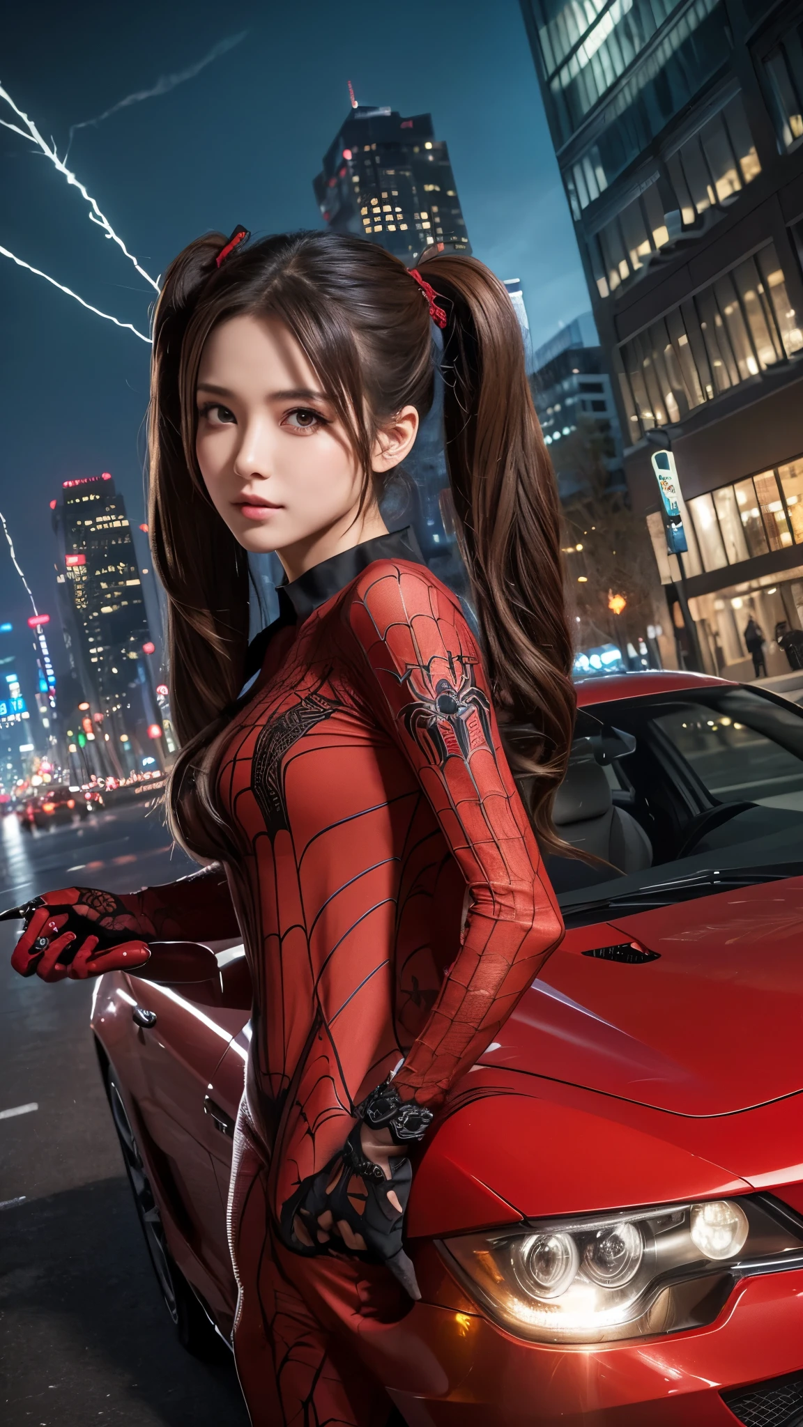 (masterpiece, Highest quality), Intricate details, 8k, Art Station, wallpaper, Official Art, Splash Art, Sharp focus,, One person, Long Hair, Twin tails, Red eyes, Brown Hair, , Spider Suit, spiderweb printing, spiderweb, , skyscraper, city, building, car, street,