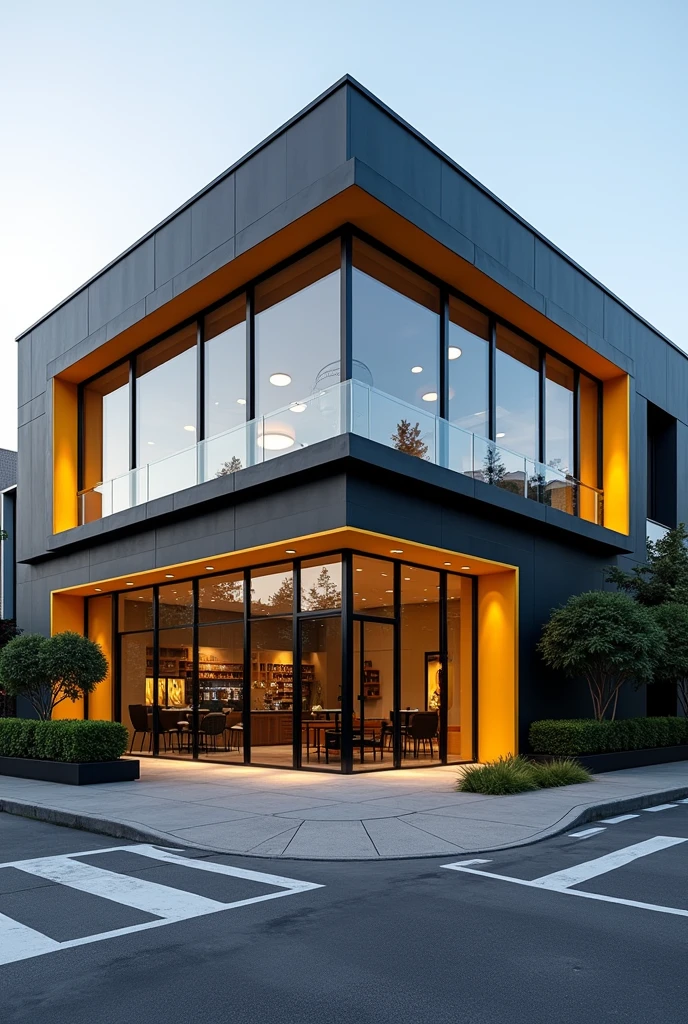 corner real estate property , with accessible facade and sidewalks , black and yellow color
