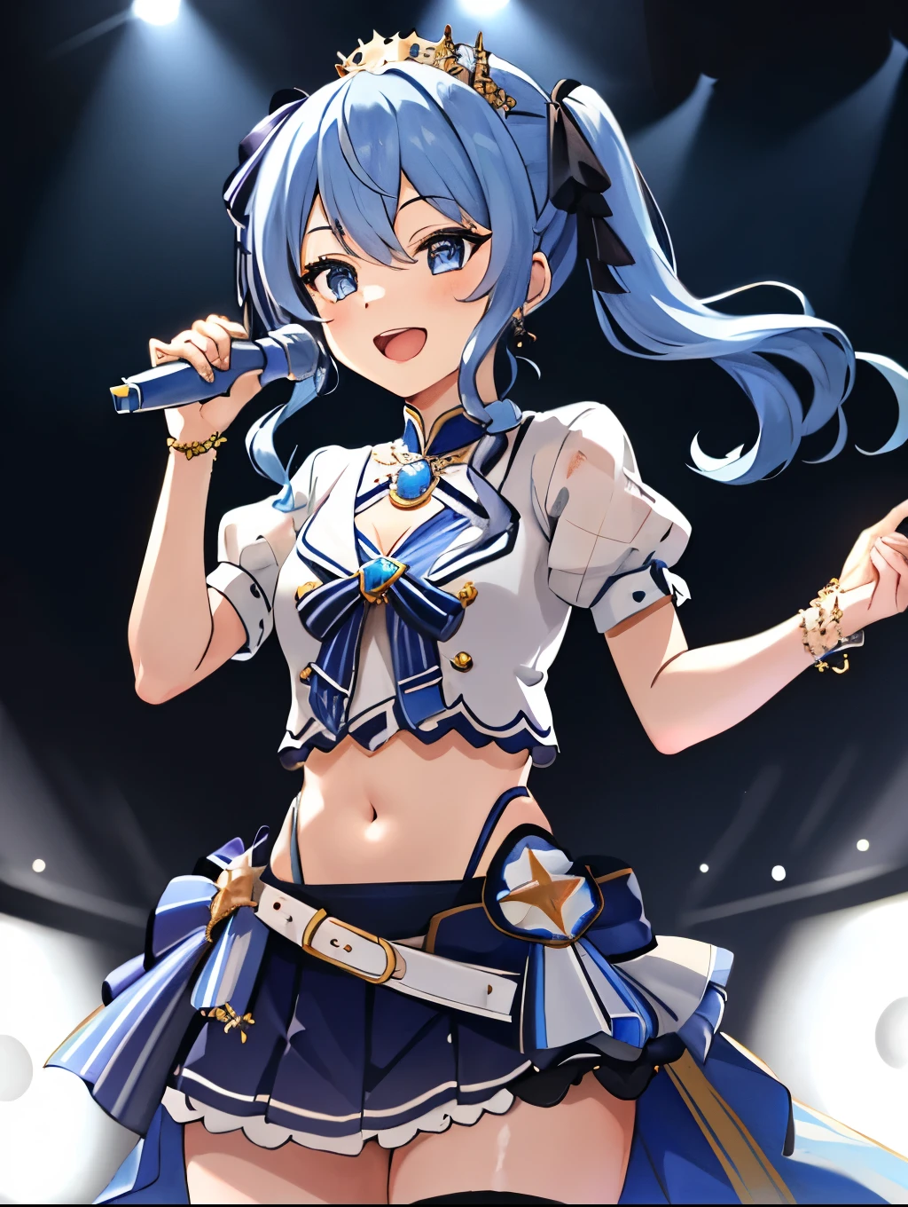 masterpiece, best quality, absurdres, 1girl, solo, Hoshimachi Suisei, light blue hair, blue eyes, happy, smile, parted lips, slender, sidelocks, sideponytail, toned, 
idol, idol clothes, hololive idol uniform, bowtie, blue skirt, brooch, dress, concert, on stage, frilled skirt, jewelry, layered dress, short sleeves, tiara, midriff, thighhighs,shout,(open_mouth:1.3),singing,(angry:0.6), (glare:0.6), idle_live,audience_landscape,light up_girl,solo,shiny_effects,smile。joy,happy,(slanted_eyes:1.3),navel,