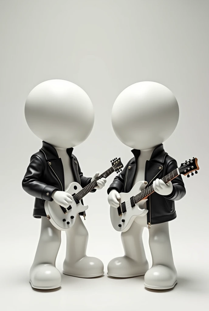 Create two characters that are chess pawns with leather jackets and holding an electric guitar. The head must be spherical without eyes similar to a real chess pawn and must not have legs but like the base of a real chess pawn.. The base and the head and hands must be white.