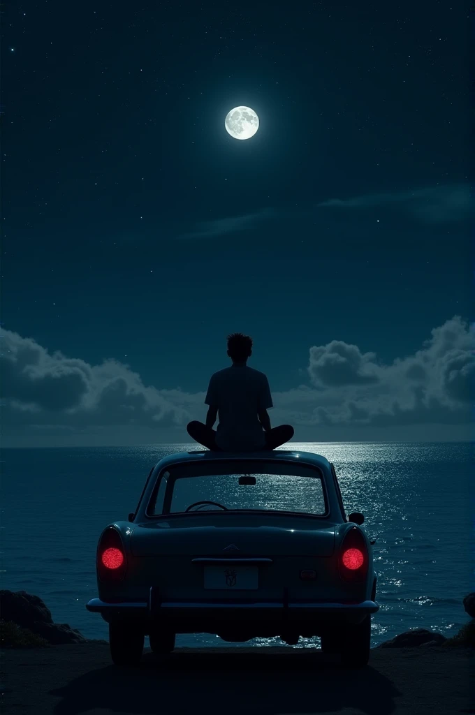 A person sitting on the top of a car and looking at the sea at night 