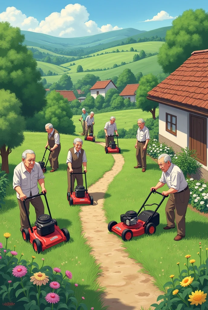 Ghibli anime style painting、Many elderly people cooperated、A rural scene where everyone is actively working with lawnmowers
