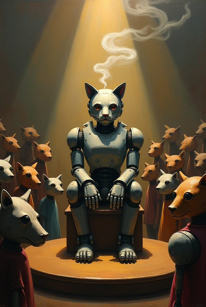 A oil painting of a robotic figure with a cat-shaped mechanical head sitting on a circular stage under a spotlight, taking a break from its speech. The robot is smoking, with smoke rising above its head. The audience, composed of robots with random animal-shaped mechanical heads, waits eagerly.