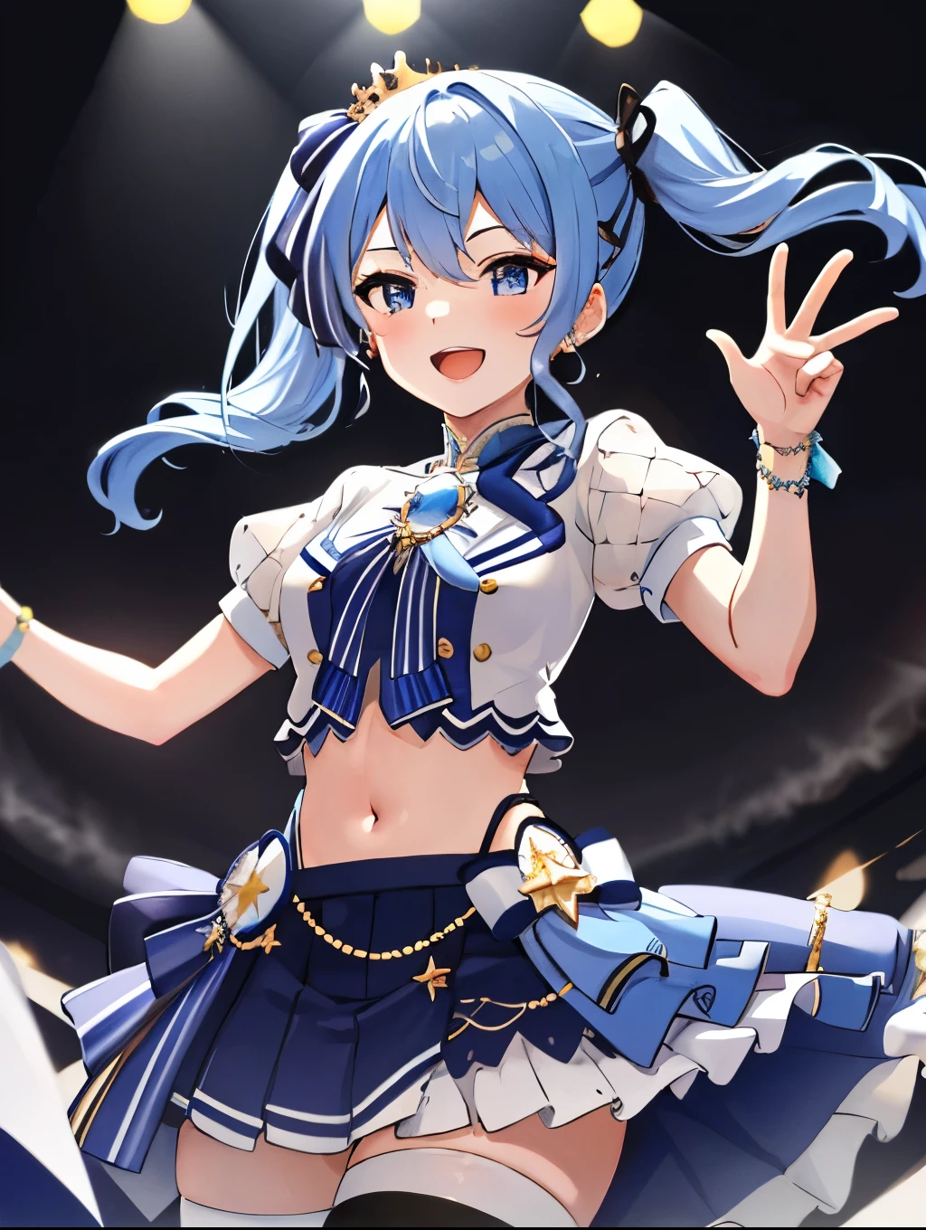masterpiece, best quality, absurdres, 1girl, solo, Hoshimachi Suisei, light blue hair, blue eyes, happy, smile, parted lips, slender, sidelocks, sideponytail, toned,
idol, idol clothes, hololive idol uniform, bowtie, blue skirt, brooch, dress, concert, on stage, frilled skirt, jewelry, layered dress, short sleeves, tiara, midriff, thighhighs,shout,(open_mouth:1.3),singing,(angry:0.6), (glare:0.6), idle_live,audience_landscape,light up_girl,solo,shiny_effects,smile。joy,happy,(slanted_eyes:1.3),navel,