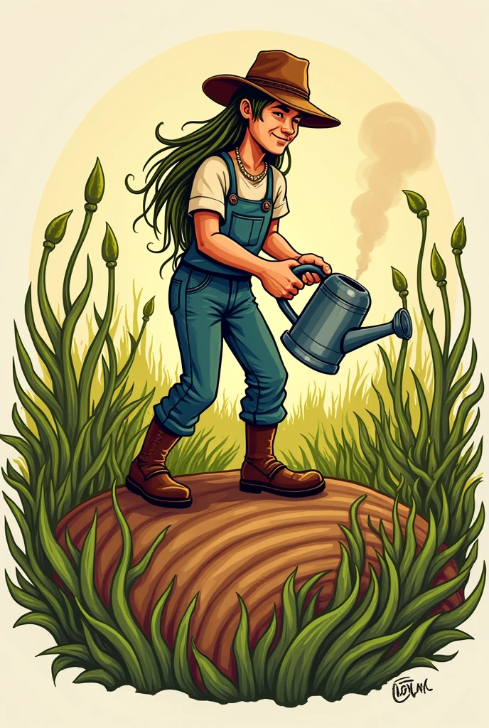 Generates a logo of a farmer watering a field and hair sprouting from the furrows of the field