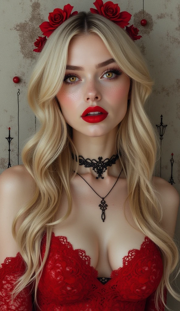 pencil drawing, self-portrait, cute beautiful pretty woman, silky blonde hair, gold eyes, (attractive and seductive) and (amorous and lewd) expression, wearing red lace gothic dress, shading, shadows, contrast, conceptual installation art, 2.5D, delicate and dynamic effects, iridescent effects, artistic, hyper, graphic CG digital art, (illustration)-style), FULL RED LIPS WITH MOUTH OPEN SLIGHTLY WITH TEETH SHOWING,