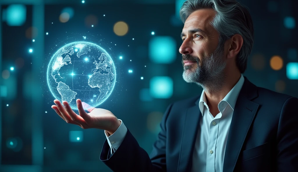 photo of a human male dressed, of confident expression, kind and wise, is between digital symbols, It appears from the front and only from the torso to the head while offering me a futuristic digital interface that is like a luminous globe that emanates digital symbols..