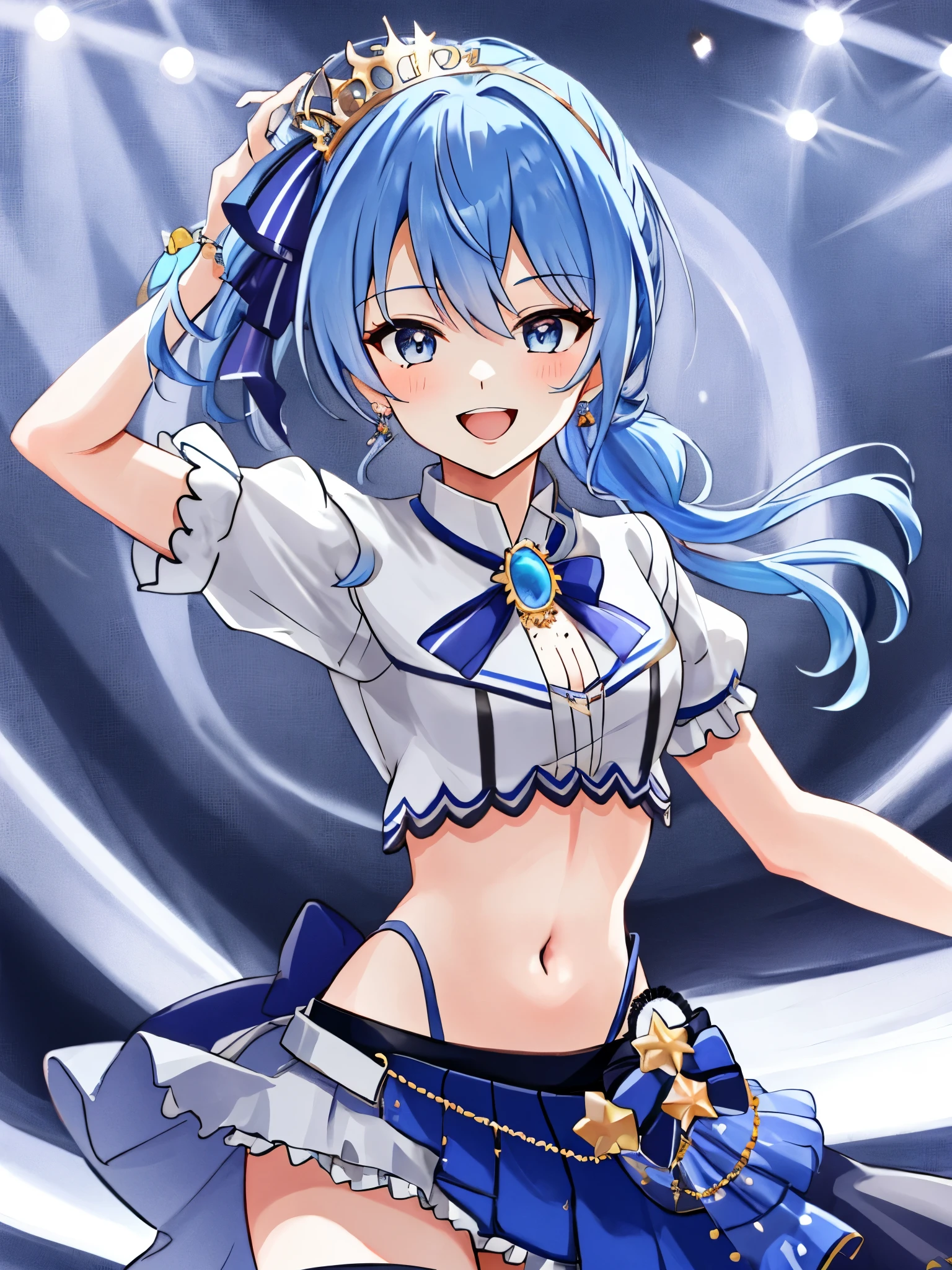 masterpiece, best quality, absurdres, 1girl, solo, Hoshimachi Suisei, light blue hair, blue eyes, happy, smile, parted lips, slender, sidelocks, sideponytail, toned, 
idol, idol clothes, hololive idol uniform, bowtie, blue skirt, brooch, dress, concert, on stage, frilled skirt, jewelry, layered dress, short sleeves, tiara, midriff, thighhighs,shout,(open_mouth:1.3),singing,(angry:0.6), (glare:0.6), idle_live,audience_landscape,light up_girl,solo,shiny_effects,smile。joy,happy,(slanted_eyes:1.3),navel,