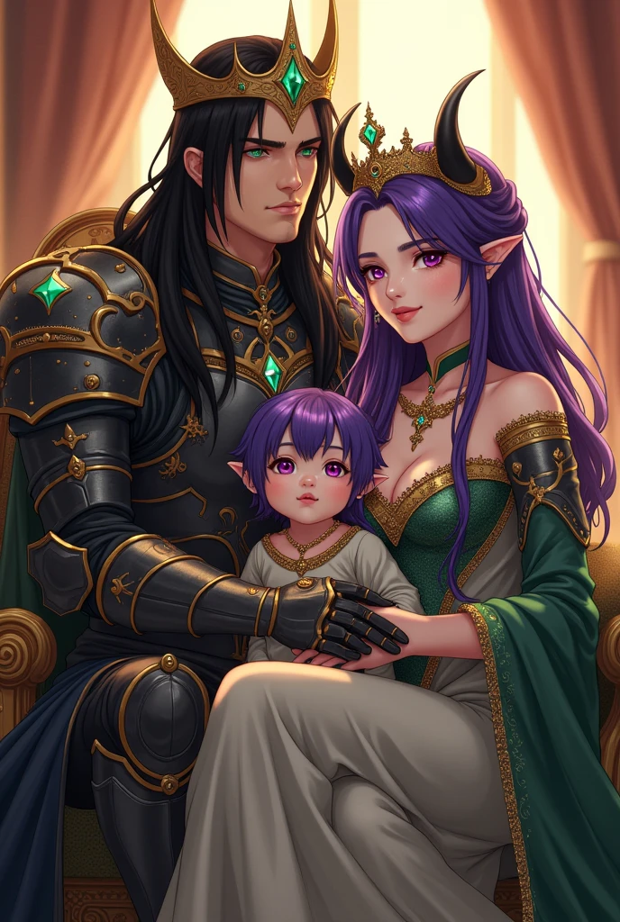 Male human, long straight black hair, wearing armor full of jewels (emeralds) and a crown with emeralds, RAF blue eyes, with a serious look, standing next to his wife, Elf woman with purple hair, with black horns, lavender fantasy skin, fuchsia pink eyes (medieval style queen clothes and sparkly crown), elegant pose, looking at camera, sitting in elegant chair, holding one year old male human baby, purple hair, color eyes RAF blue, in prince's clothes, hugging his mother, detailed, daytime, sun rays, ultra detailed photography, 4k quality lighting, high resolution, masterpiece, anime style.