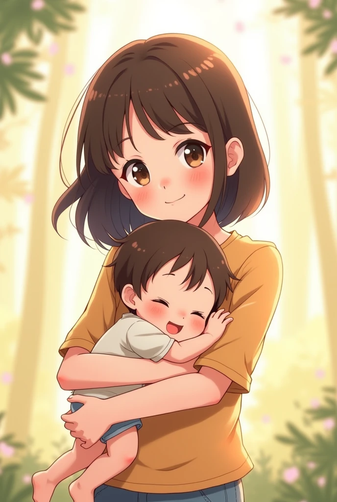 A pretty girl with bright brown eyes, with her channel cut hair and dark brown hair color, with a height of 1&#39;60, picking up a  child in his arms, smiling gently, the anime drawing 