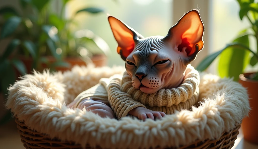 A detailed, ultra-realistic image of an elderly Sphynx cat sitting in a plush, well-cushioned basket. The cat’s skin shows natural wrinkles, and it is wearing a small, soft sweater for warmth. The background includes a sunlit window with plants, creating a peaceful atmosphere, photorealista, 8K, (melhor qualidade,4K,8K,alta resolução.