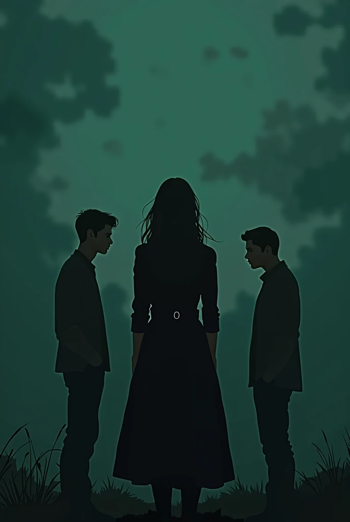 Create a book cover where there are three people depicting a woman's choice between two men. The silhouette of a larger woman in front faces the men, everyone is sad, one of the men is dissociating, showing that she did not choose him, the cover is dark green, The book talks about a woman who must choose between two loves. There are no letters on the cover. Representing a loving separation. Young people love each other, but they cannot be together.